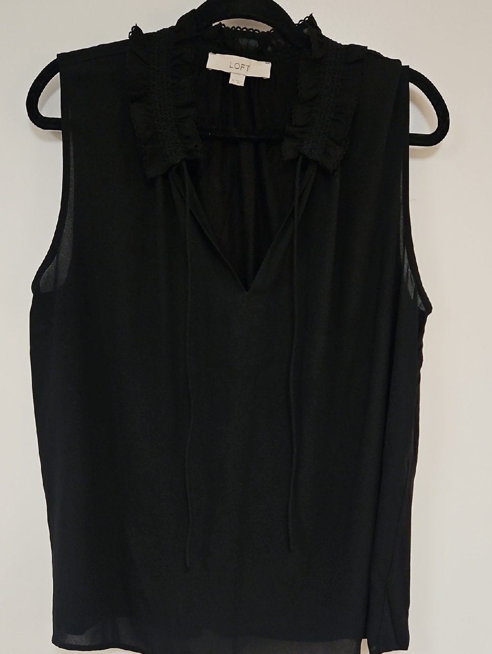 LOFT Black Sleeveless Ruffle Tie-Neck Mixed Media Shirt